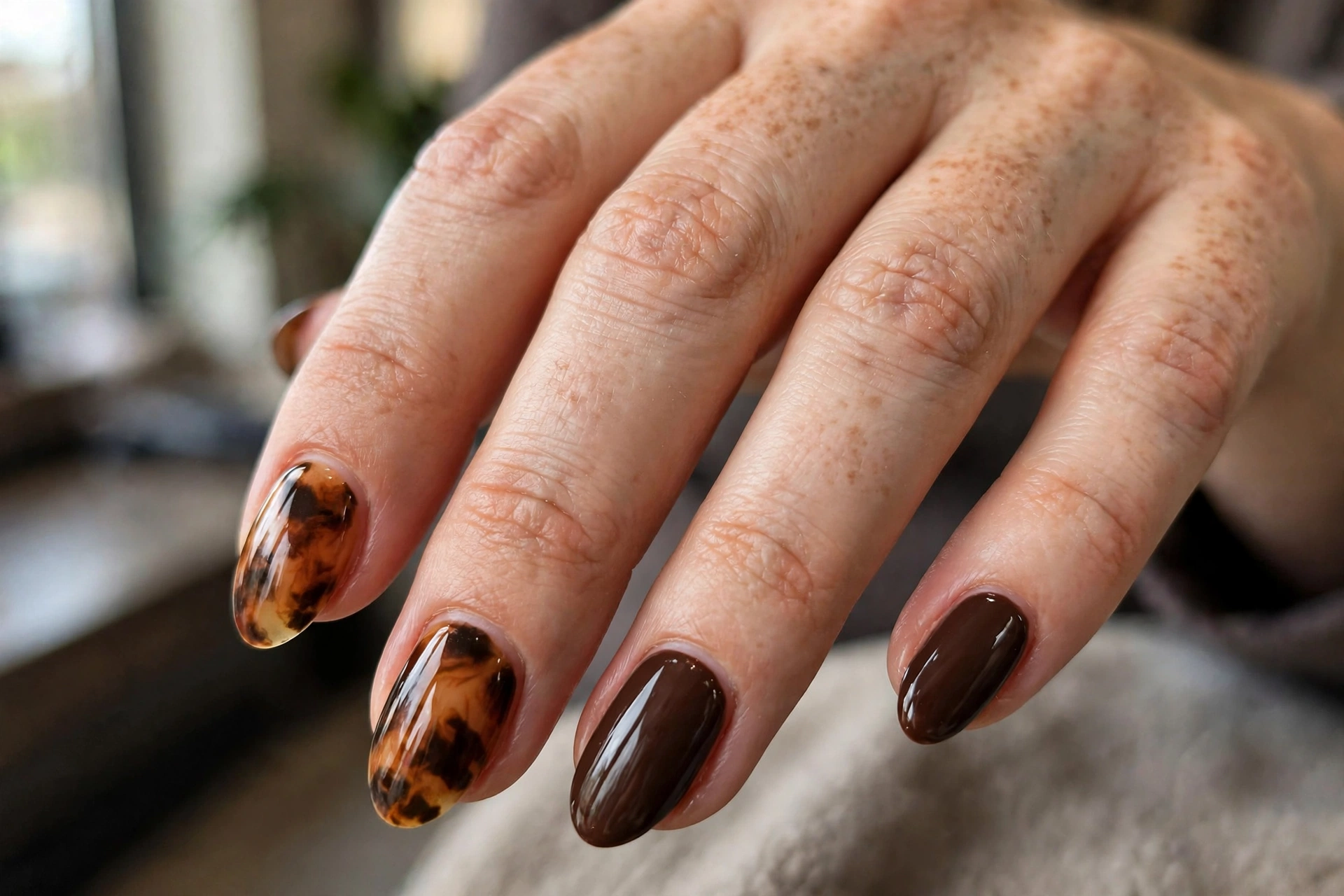 Tortoiseshell accent nails with solid chocolate nails