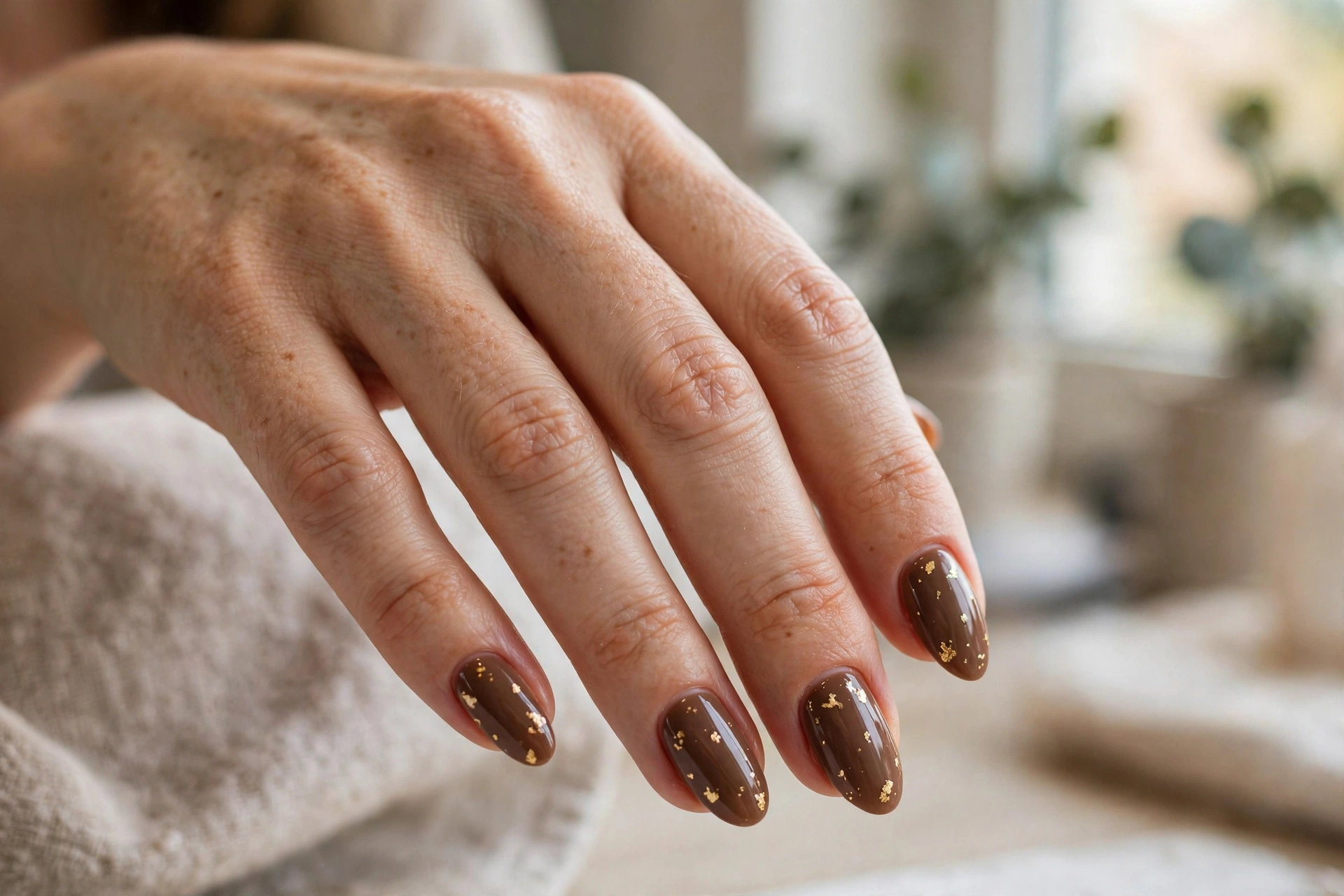 Mocha nails with gold foil flakes