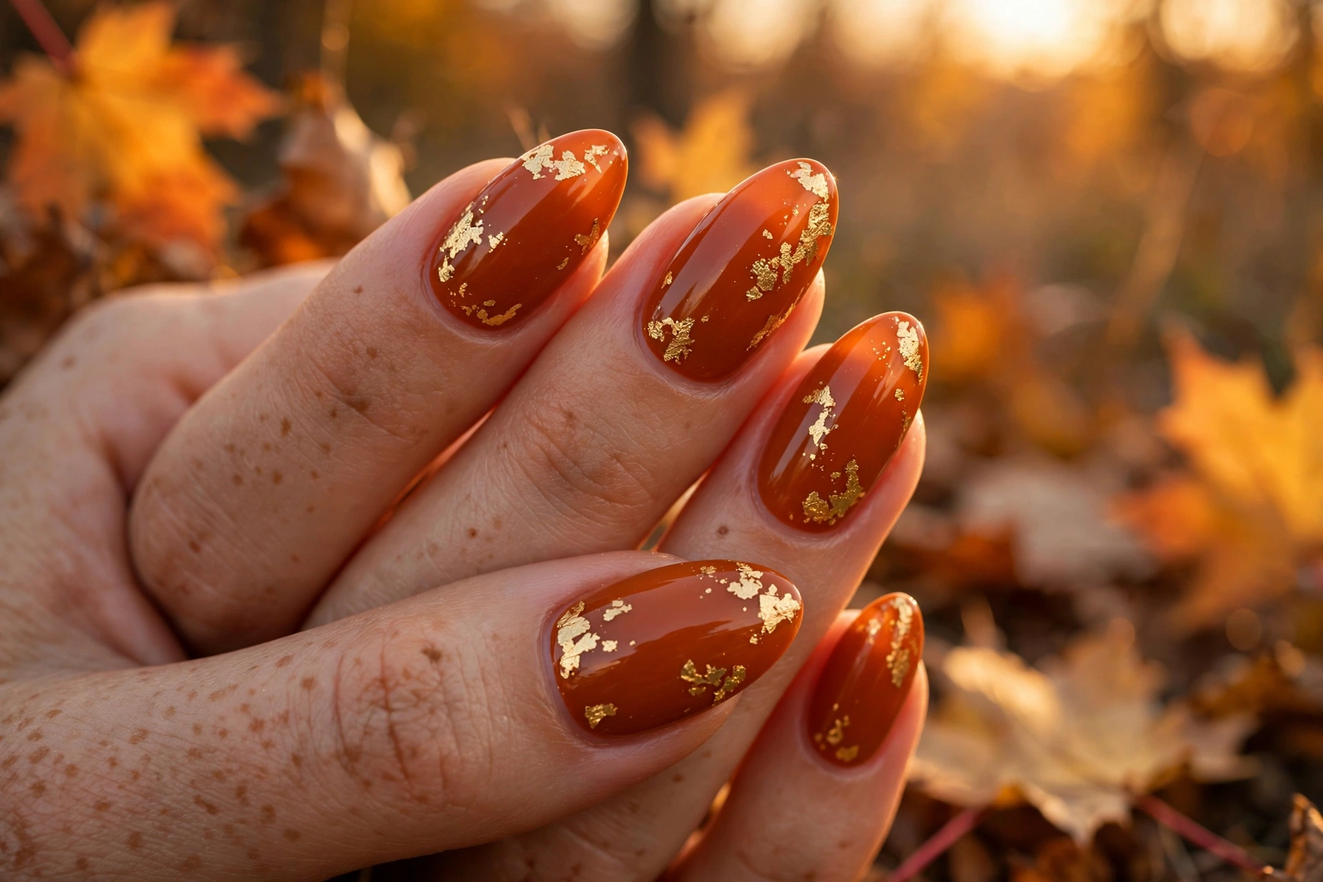 Gold leaf accents over burnt orange nails