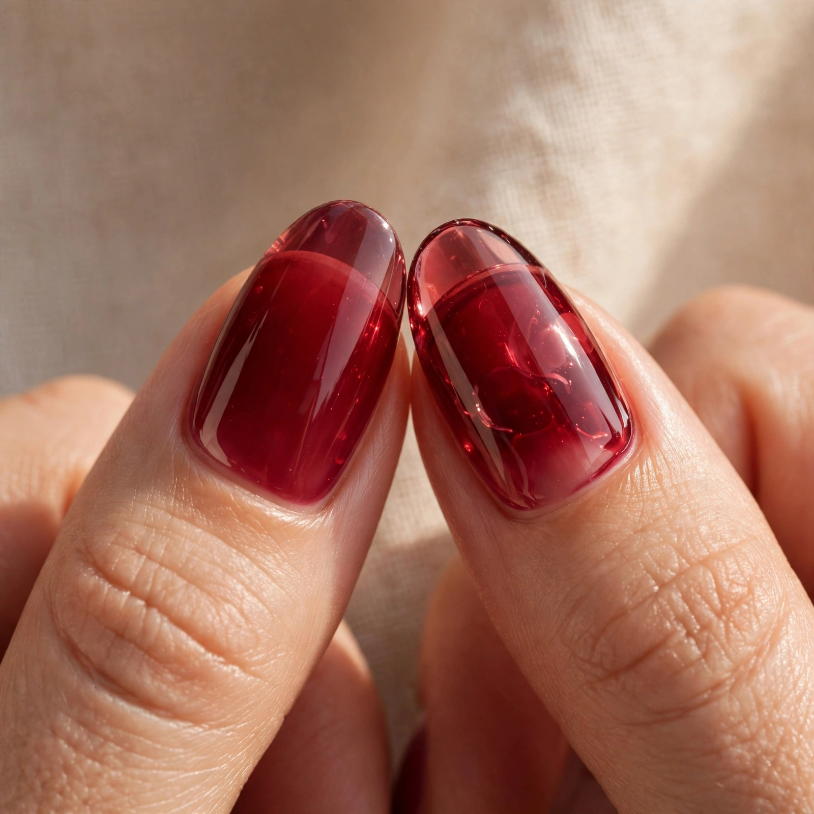 Wine-red jelly nails with glass-like depth