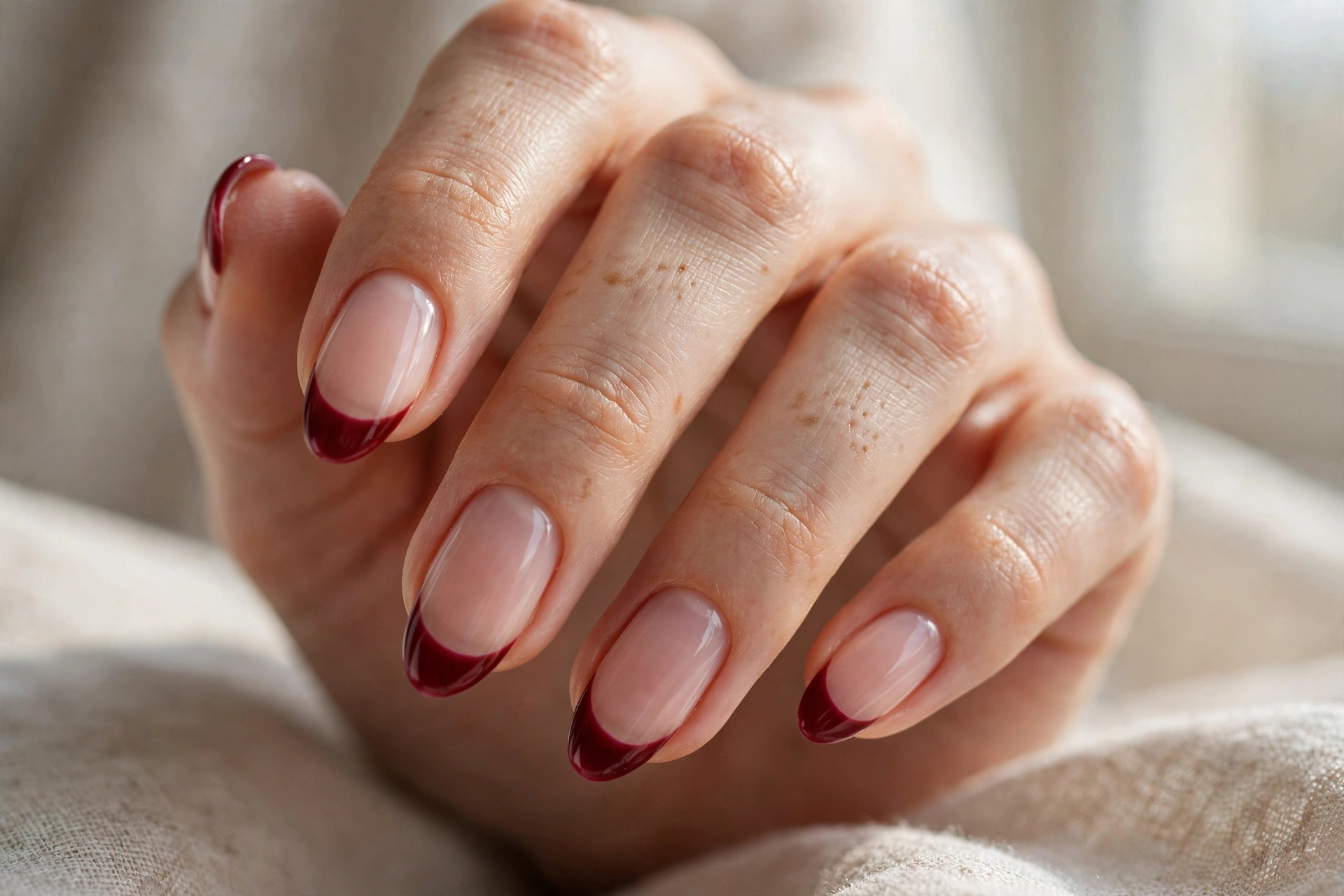 Cherry-red French tips on a sheer nude base