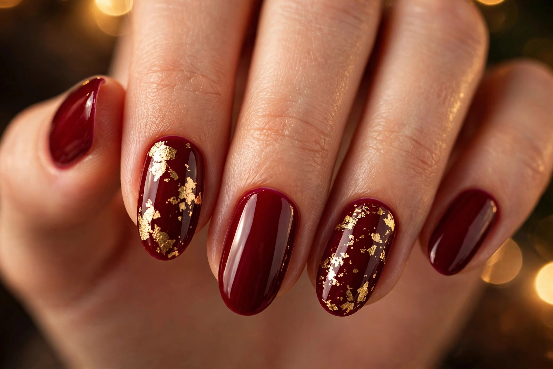 Wine nails with delicate gold foil accents