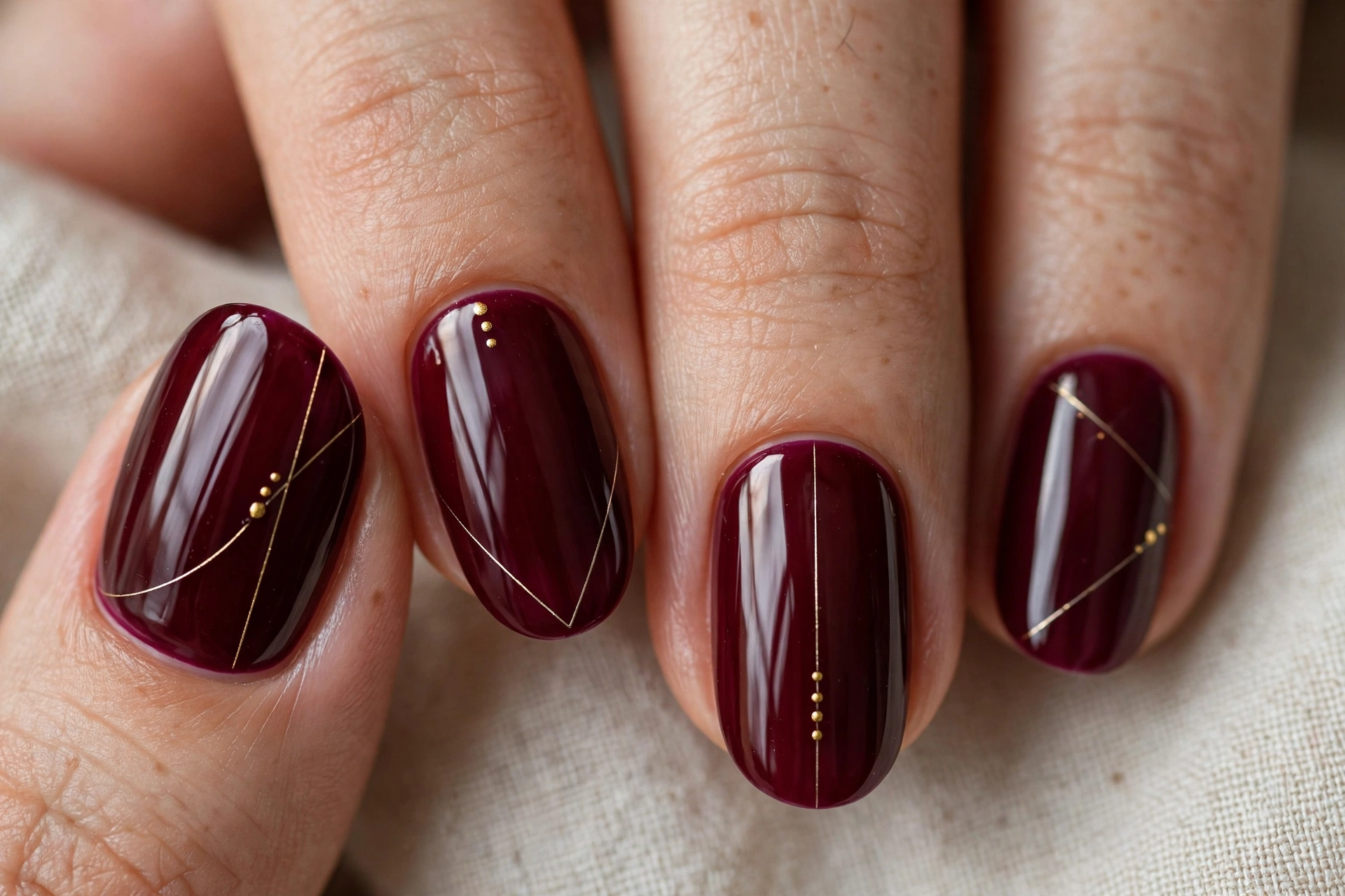 Wine nails with gold line art and micro details